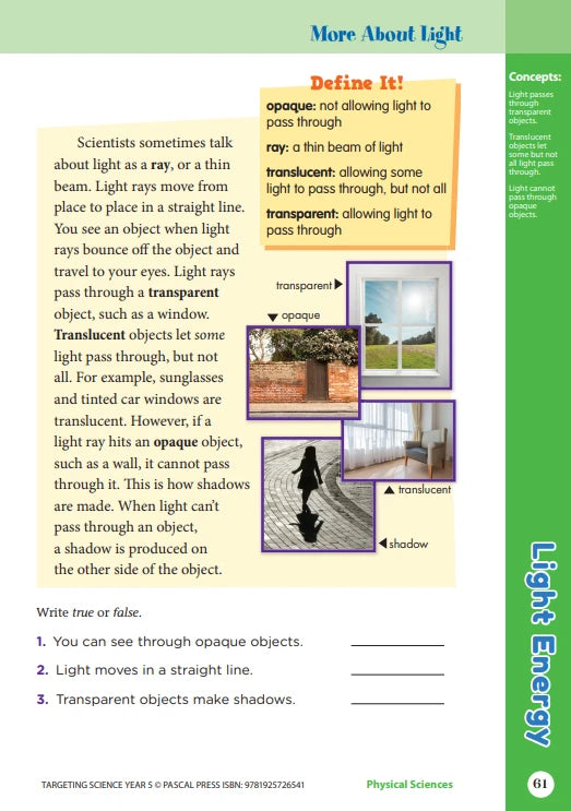 Sample interior activity page from the Targeting Science Year 5 science activity book, from the publisher preview gallery