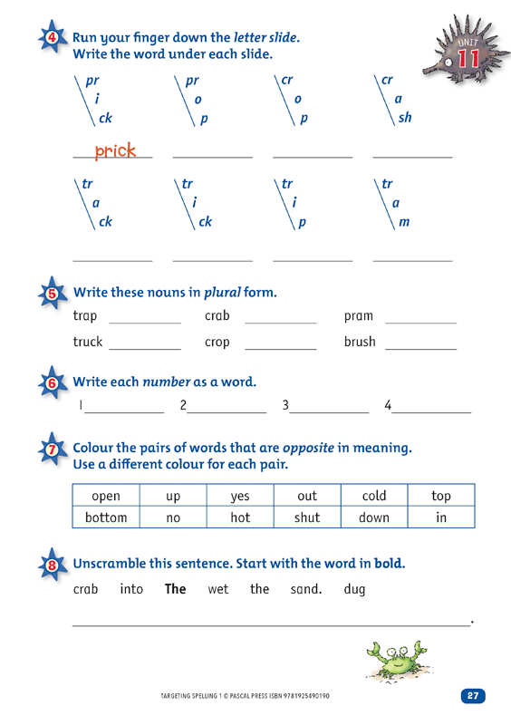 Interior sample page 27 from Targeting Spelling Activity Book 1 showing spelling activities for Year 1 students