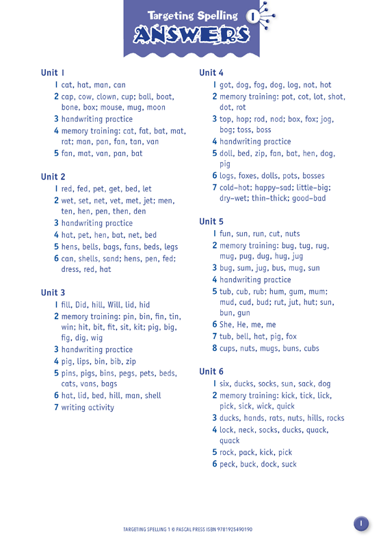 Interior sample page A1 from Targeting Spelling Activity Book 1 showing spelling activities for Year 1 students