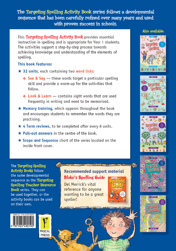 Back cover of Targeting Spelling Activity Book 1, the Year 1 title in the Targeting Spelling series