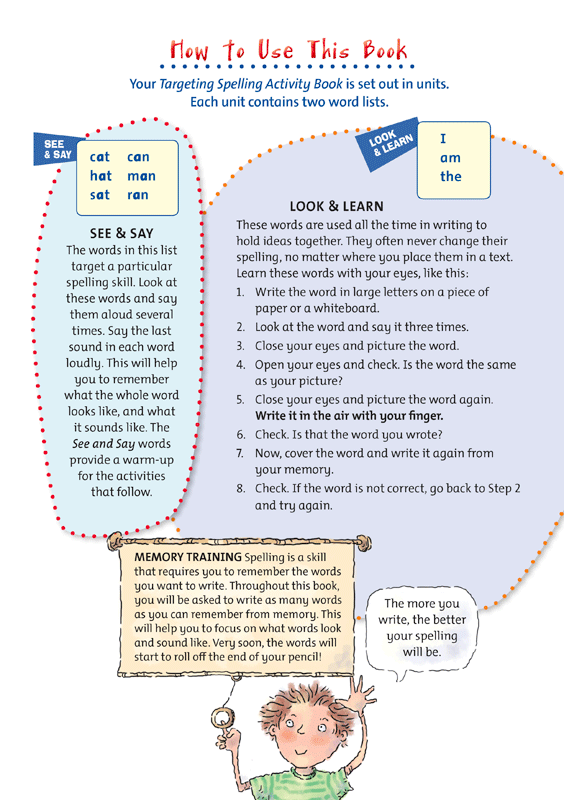 Interior sample page 3 from Targeting Spelling Activity Book 1 showing spelling activities for Year 1 students
