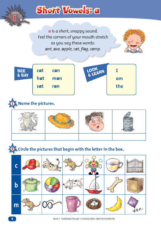 Interior sample page 4 from Targeting Spelling Activity Book 1 showing spelling activities for Year 1 students