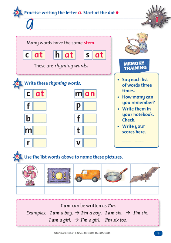 Interior sample page 5 from Targeting Spelling Activity Book 1 showing spelling activities for Year 1 students