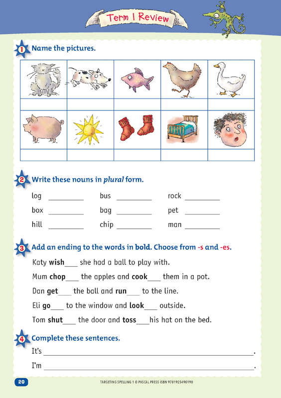 Interior sample page 20 from Targeting Spelling Activity Book 1 showing spelling activities for Year 1 students