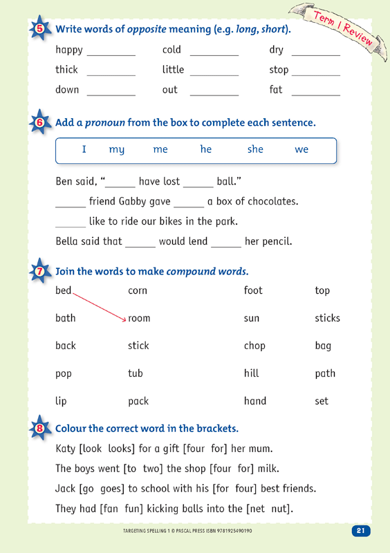 Interior sample page 21 from Targeting Spelling Activity Book 1 showing spelling activities for Year 1 students