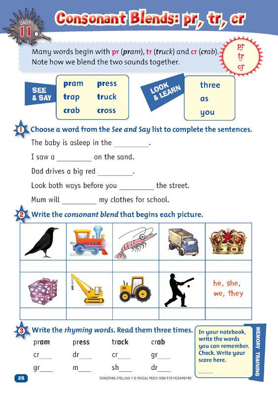 Interior sample page 26 from Targeting Spelling Activity Book 1 showing spelling activities for Year 1 students