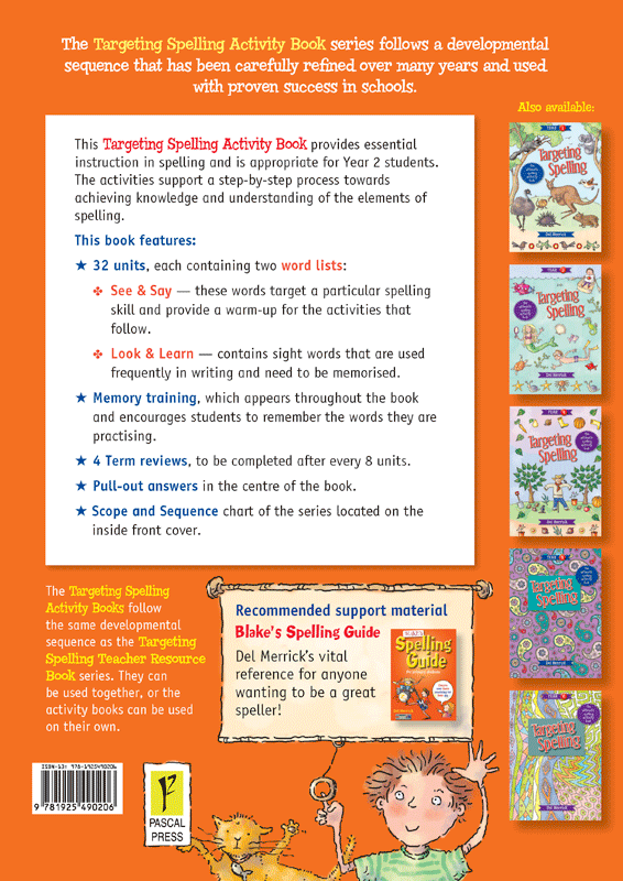Back cover of Targeting Spelling Activity Book 2, the Year 2 title in the Targeting Spelling series
