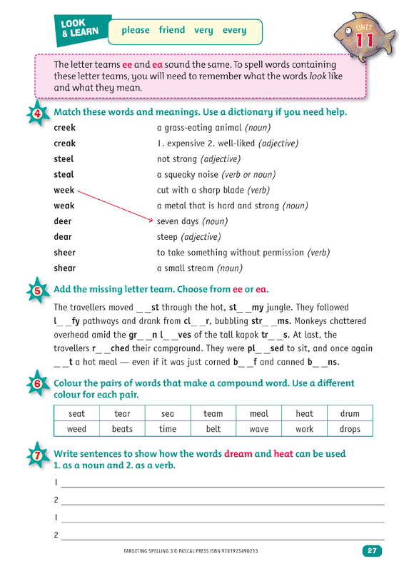 Interior sample page 27 from Targeting Spelling Activity Book 3 showing spelling activities for Year 3 students