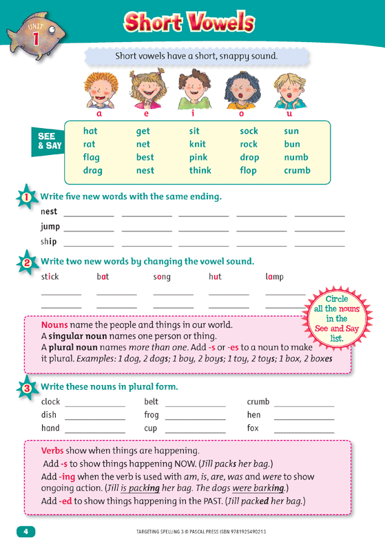 Interior sample page 4 from Targeting Spelling Activity Book 3 showing spelling activities for Year 3 students