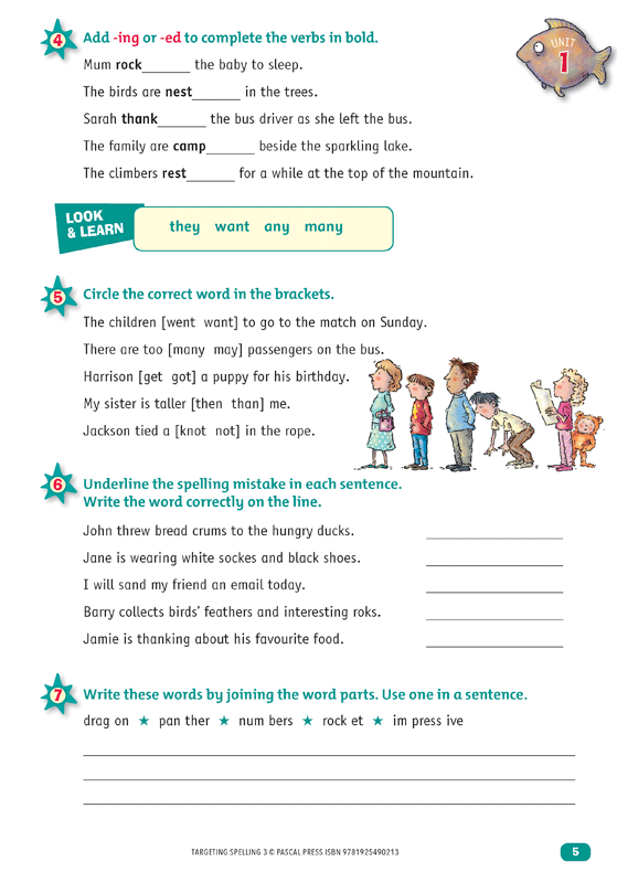 Interior sample page 5 from Targeting Spelling Activity Book 3 showing spelling activities for Year 3 students