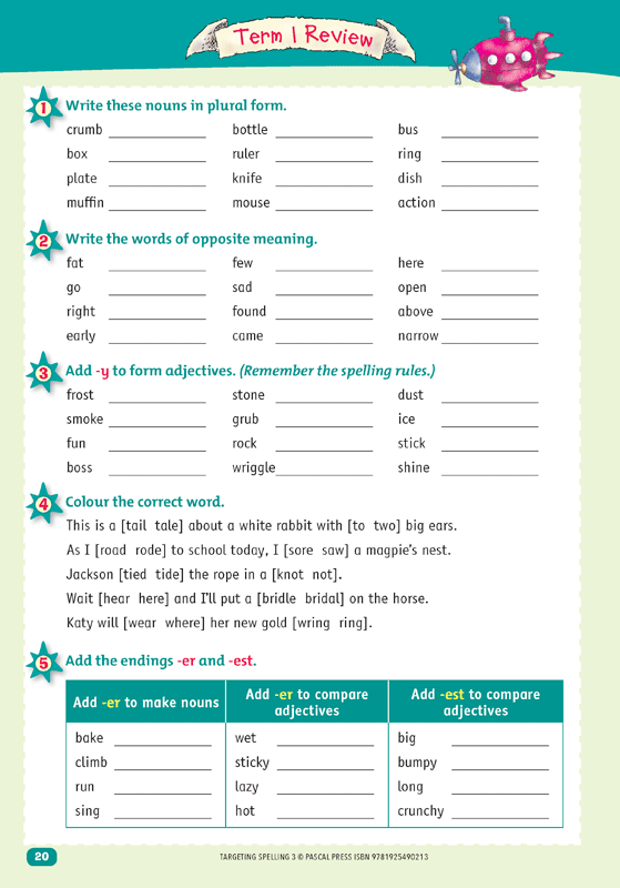 Interior sample page 20 from Targeting Spelling Activity Book 3 showing spelling activities for Year 3 students
