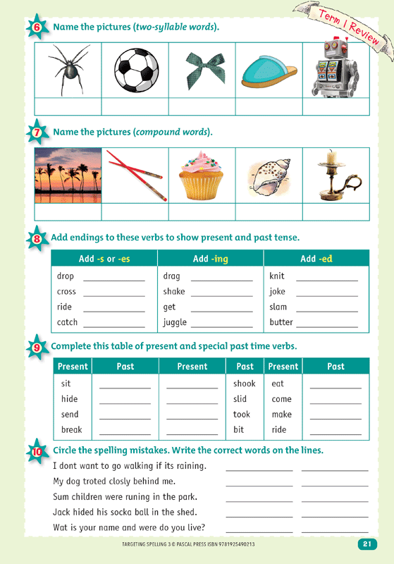 Interior sample page 21 from Targeting Spelling Activity Book 3 showing spelling activities for Year 3 students