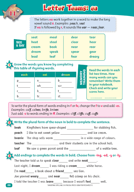 Interior sample page 26 from Targeting Spelling Activity Book 3 showing spelling activities for Year 3 students
