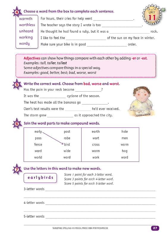 Interior sample page 27 from Targeting Spelling Activity Book 4 showing spelling activities for Year 4 students