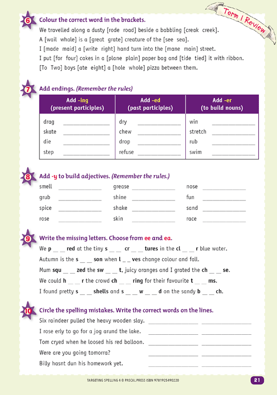 Interior sample page 21 from Targeting Spelling Activity Book 4 showing spelling activities for Year 4 students