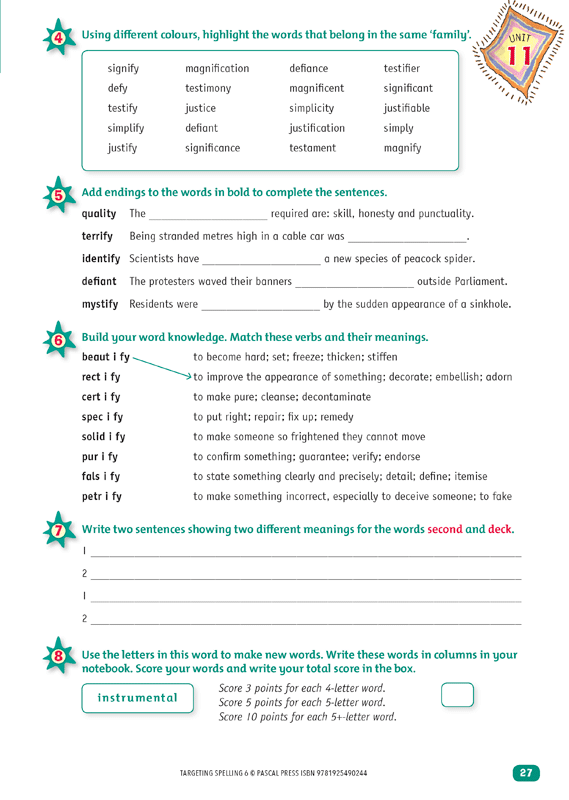 Interior sample page 27 from Targeting Spelling Activity Book 6 showing spelling activities for Year 6 students
