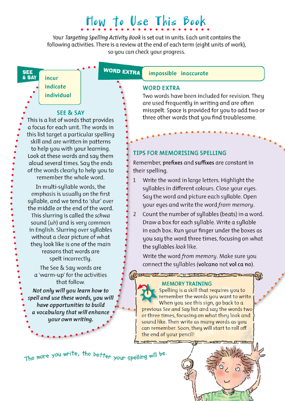 Interior sample page 3 from Targeting Spelling Activity Book 6 showing spelling activities for Year 6 students