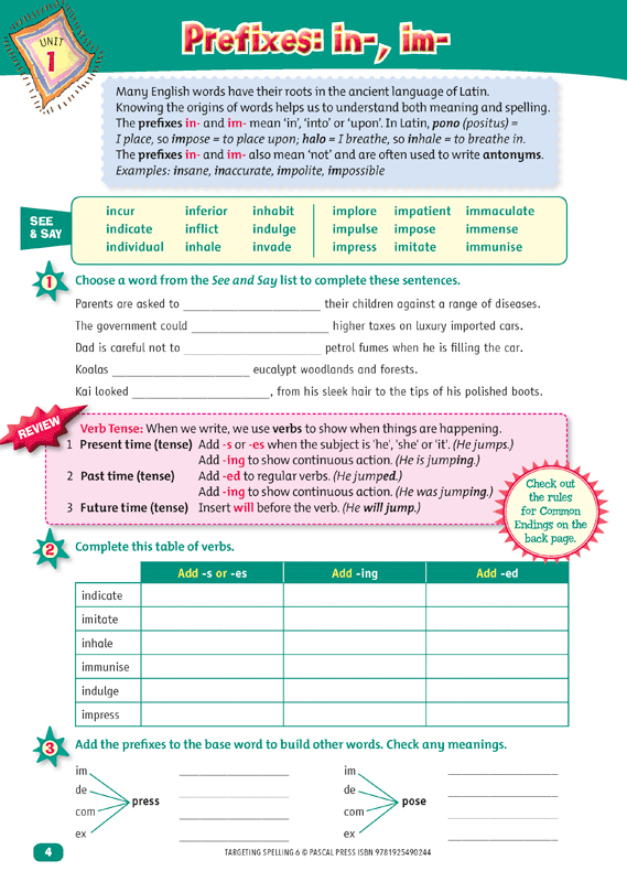 Interior sample page 4 from Targeting Spelling Activity Book 6 showing spelling activities for Year 6 students