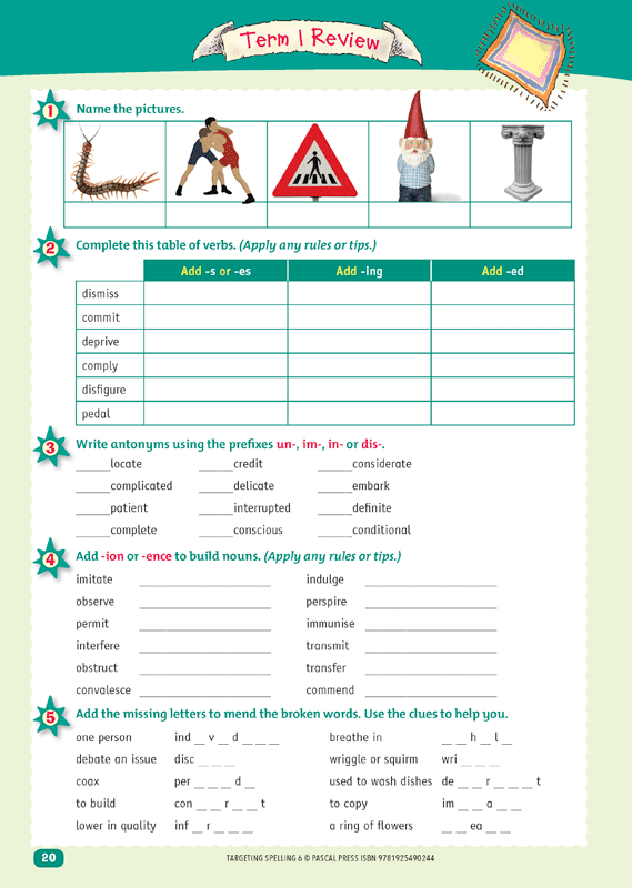 Interior sample page 20 from Targeting Spelling Activity Book 6 showing spelling activities for Year 6 students