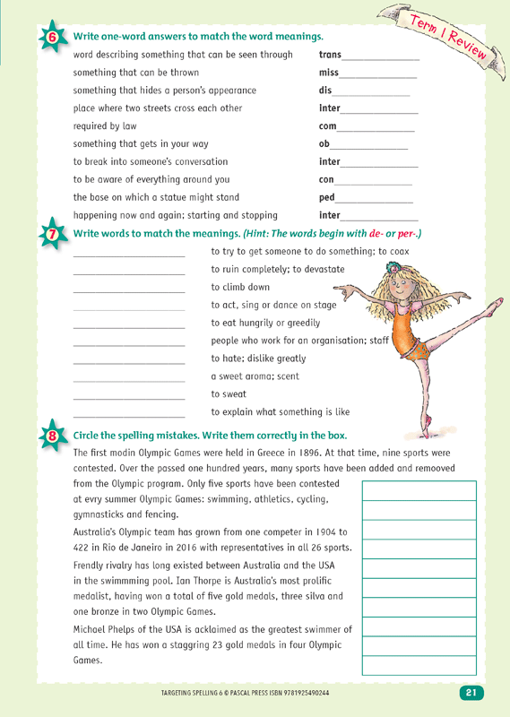 Interior sample page 21 from Targeting Spelling Activity Book 6 showing spelling activities for Year 6 students