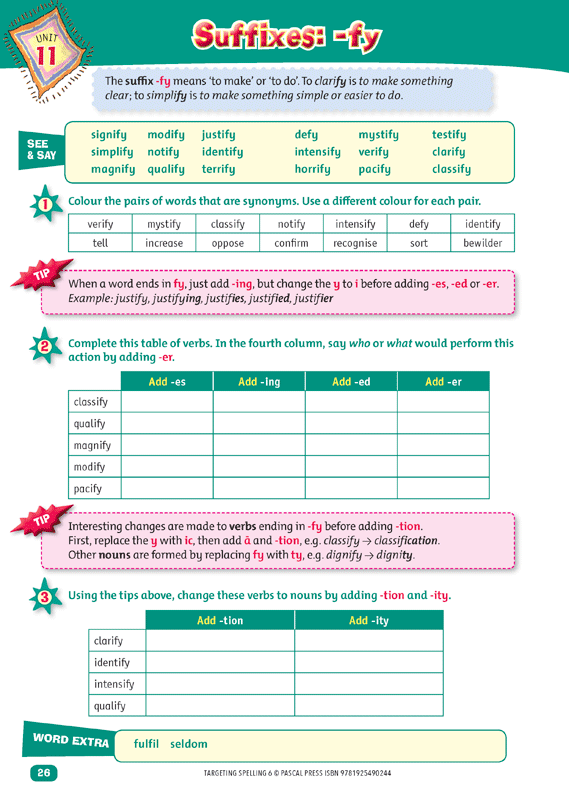 Interior sample page 26 from Targeting Spelling Activity Book 6 showing spelling activities for Year 6 students