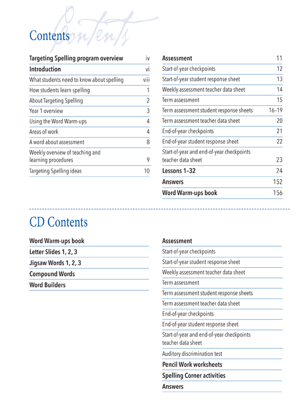 Contents page of Targeting Spelling Teachers Guide Book 1 outlining the weekly lessons and resources inside