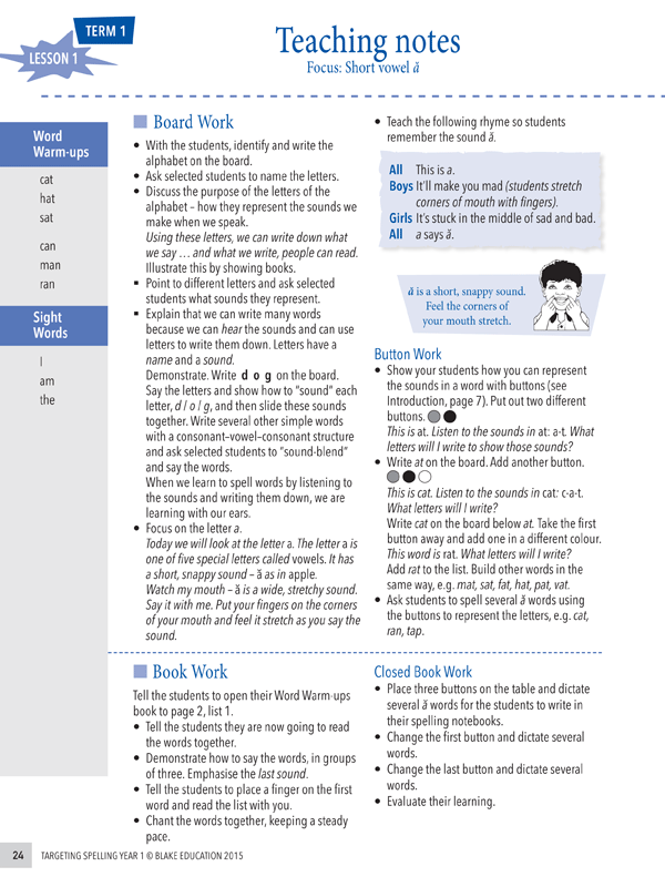 Interior sample page 24 from Targeting Spelling Teachers Guide Book 1 showing Year 1 spelling lesson material