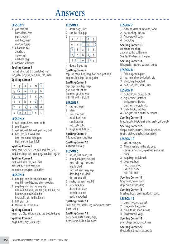 Interior sample page 152 from Targeting Spelling Teachers Guide Book 1 showing Year 1 spelling lesson material