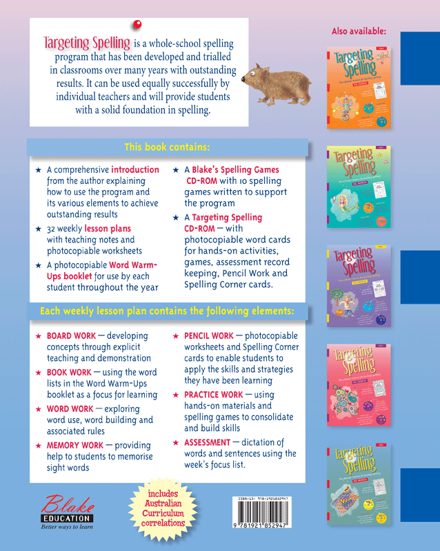 Back cover of Targeting Spelling Teachers Guide Book 1, a Year 1 spelling teacher resource from Pascal Press