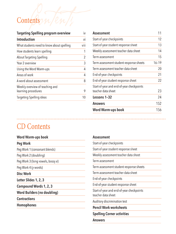 Contents page of Targeting Spelling Teachers Guide Book 2 outlining the weekly lessons and resources inside