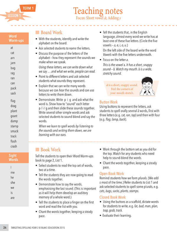 Interior sample page 24 from Targeting Spelling Teachers Guide Book 2 showing Year 2 spelling lesson material