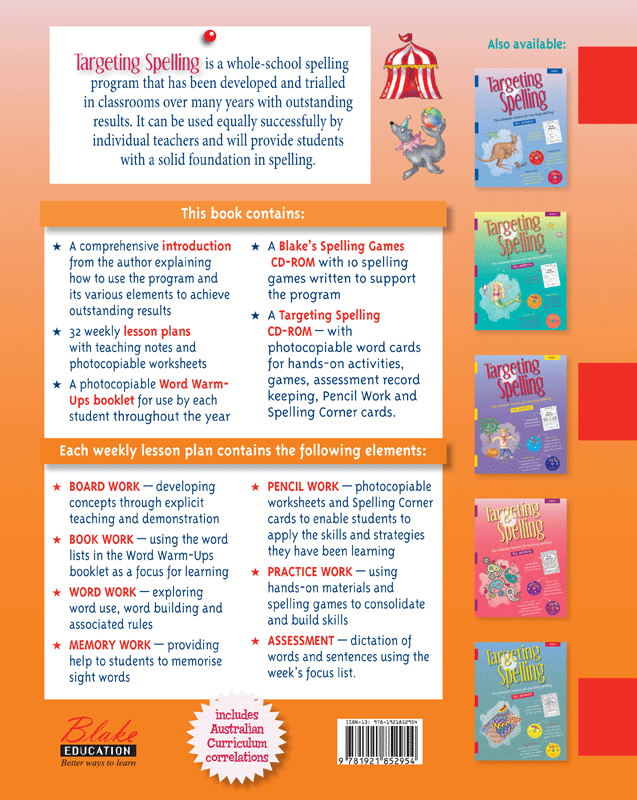 Back cover of Targeting Spelling Teachers Guide Book 2, a Year 2 spelling teacher resource from Pascal Press