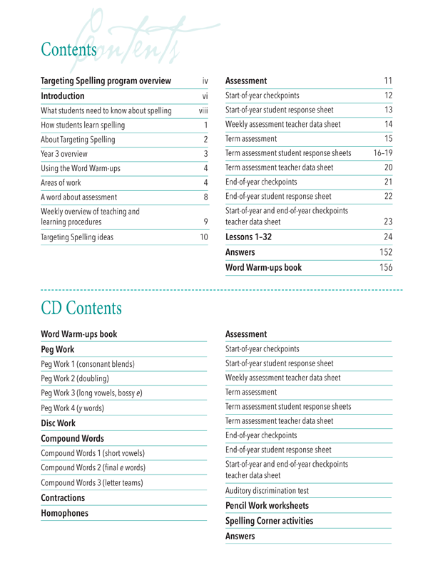 Contents page of Targeting Spelling Teachers Guide Book 3 outlining the weekly lessons and resources inside