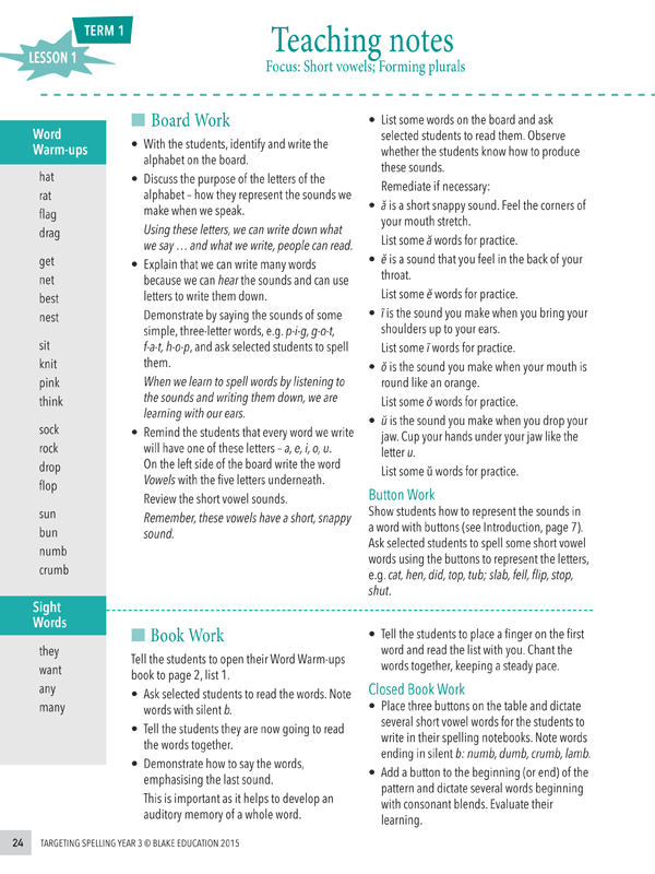 Interior sample page 24 from Targeting Spelling Teachers Guide Book 3 showing Year 3 spelling lesson material