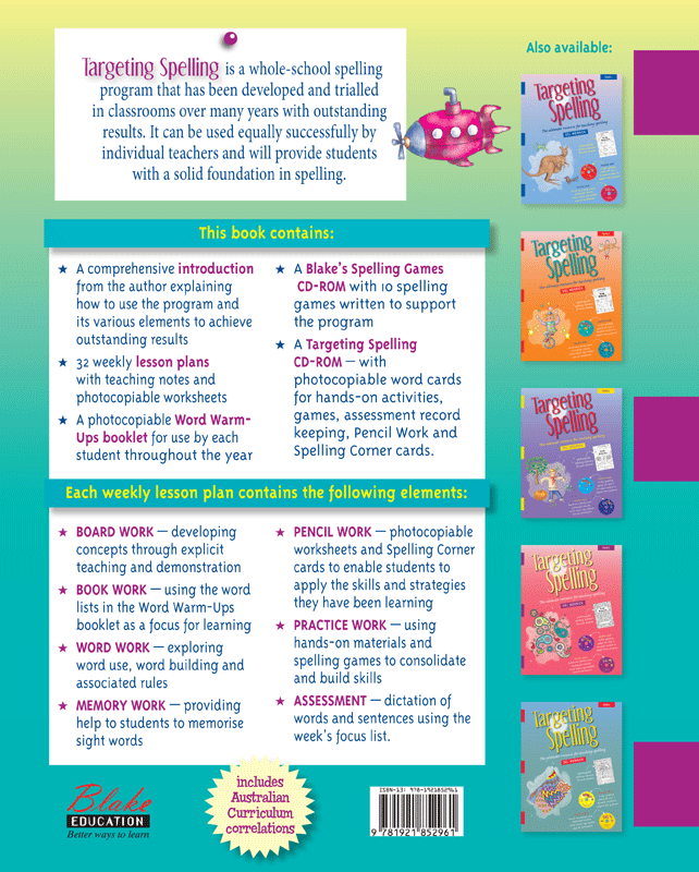 Back cover of Targeting Spelling Teachers Guide Book 3, a Year 3 spelling teacher resource from Pascal Press