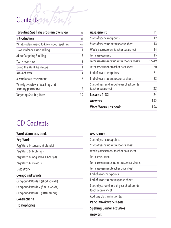 Contents page of Targeting Spelling Teachers Guide Book 4 outlining the weekly lessons and resources inside
