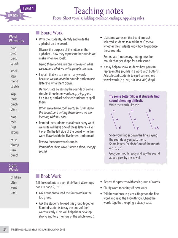 Interior sample page 24 from Targeting Spelling Teachers Guide Book 4 showing Year 4 spelling lesson material