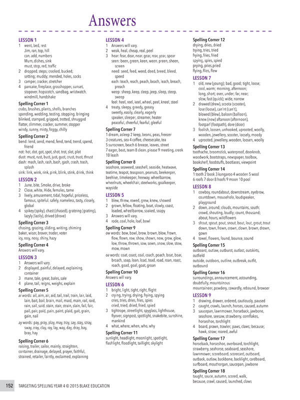 Interior sample page 152 from Targeting Spelling Teachers Guide Book 4 showing Year 4 spelling lesson material