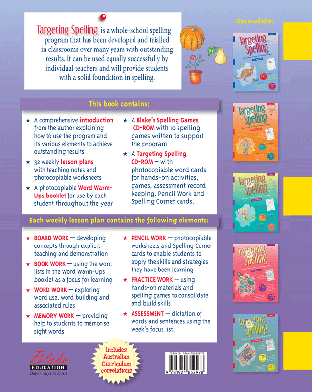 Back cover of Targeting Spelling Teachers Guide Book 4, a Year 4 spelling teacher resource from Pascal Press