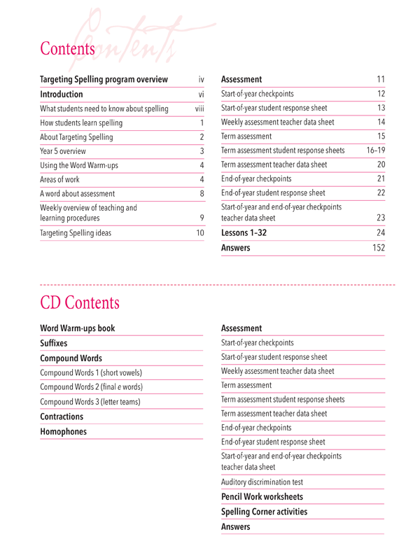 Contents page of Targeting Spelling Teachers Guide Book 5 outlining the weekly lessons and resources inside