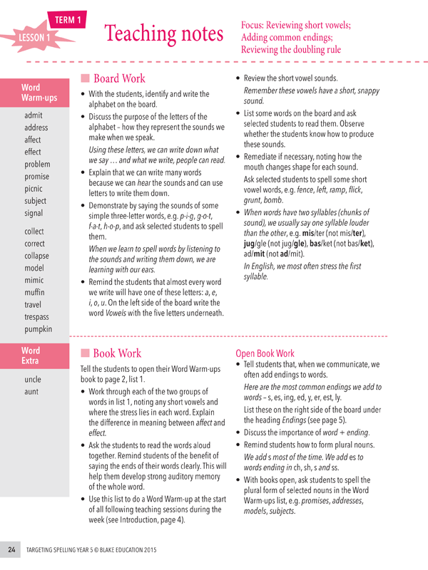 Interior sample page 24 from Targeting Spelling Teachers Guide Book 5 showing Year 5 spelling lesson material