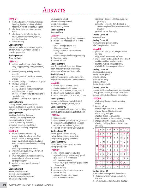 Interior sample page 152 from Targeting Spelling Teachers Guide Book 5 showing Year 5 spelling lesson material