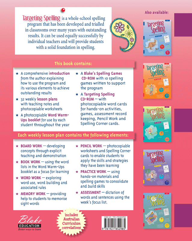 Back cover of Targeting Spelling Teachers Guide Book 5, a Year 5 spelling teacher resource from Pascal Press