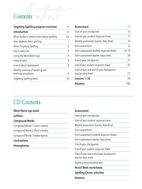 Contents page from Targeting Spelling Teachers Guide Book 6 listing the lessons and resources in the guide