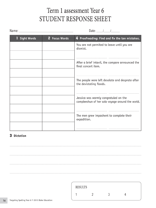 Sample interior page from Targeting Spelling Teachers Guide Book 6 showing lesson plan or worksheet material