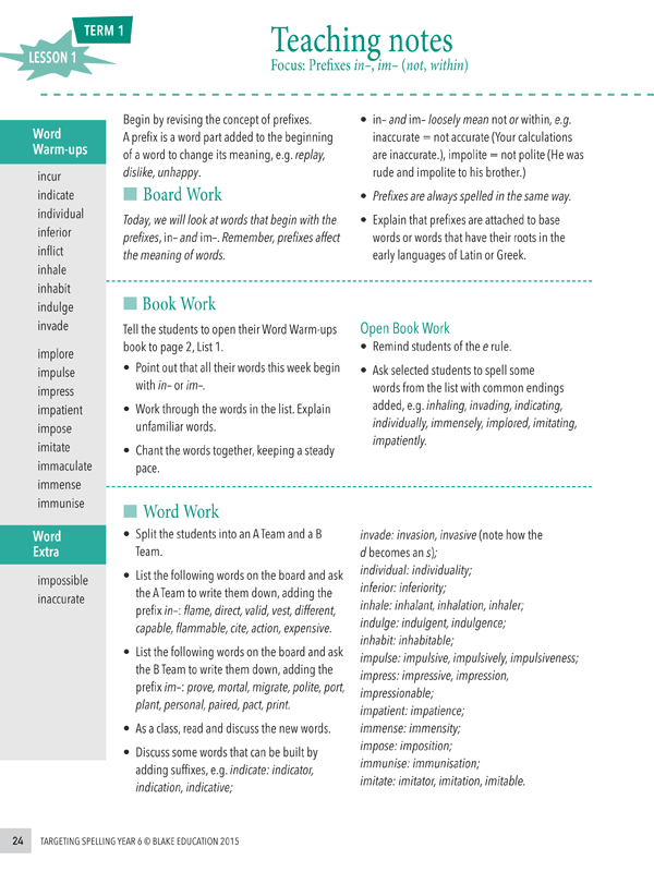 Sample interior page from Targeting Spelling Teachers Guide Book 6 showing lesson plan or worksheet material