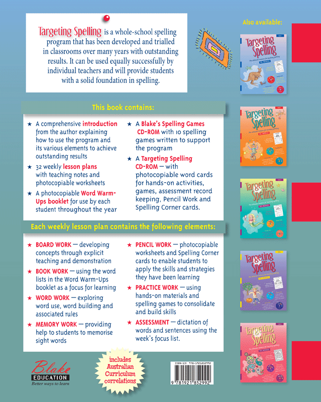 Back cover of Targeting Spelling Teachers Guide Book 6, the Pascal Press Year 6 spelling teacher resource