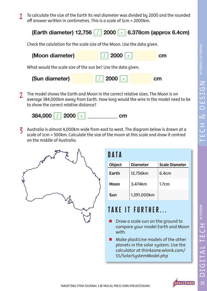 Sample interior page from Targeting STEM Year 3 showing part of a STEM project and its journal page