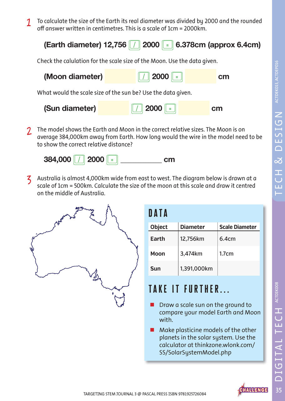 Sample interior page from Targeting STEM Year 3 showing part of a STEM project and its journal page