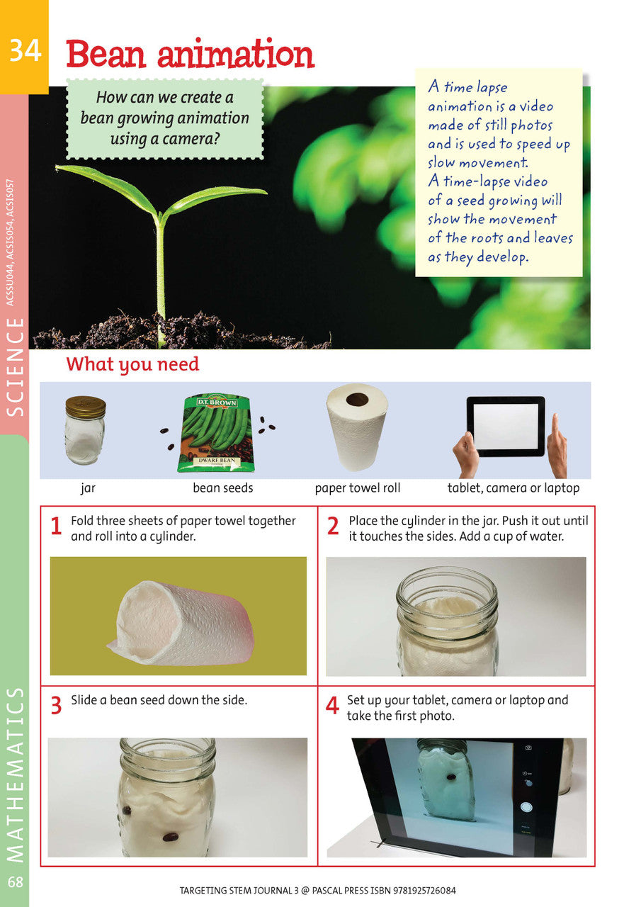 Sample interior page from Targeting STEM Year 3 showing part of a STEM project and its journal page